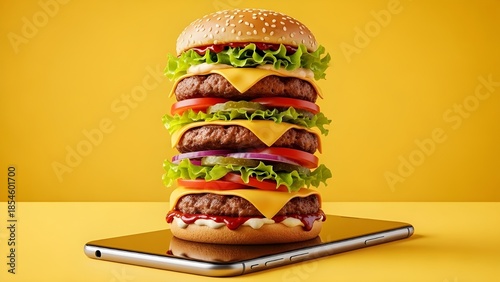 -Burger Tower Emerging from Smartphone Screen on Yellow Background – Online Food Ordering Concept
