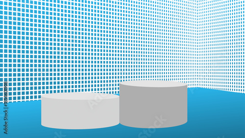 Minimal Blue 3D Podium Scene with Two Cylindrical Platforms, Geometric Grid Wall, Clean Studio Product Display Background