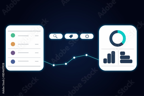 Connected Analytics Dashboard Interface with Data Flow and Insights