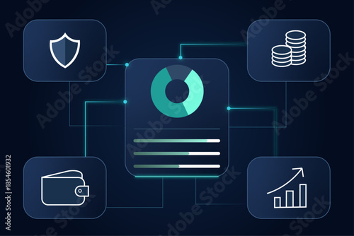 Cybersecurity Analytics Dashboard Interface with Connected Finance and Compliance Icons
