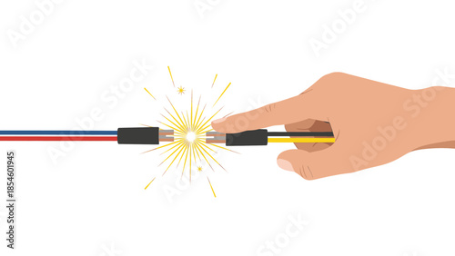 Electrical short circuit danger with sparking wires and a human hand, illustrating a hazardous connection