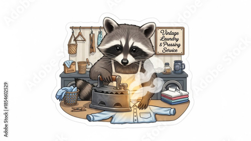 Raccoon Laundry Shop Owner Ironing Small Shirt