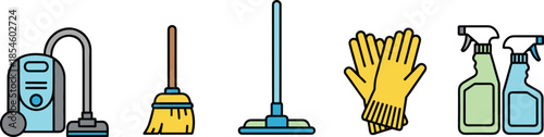 Flat vector icon set of cleaning equipment including vacuum cleaner, broom, mop, yellow rubber gloves, and spray bottles on white background.