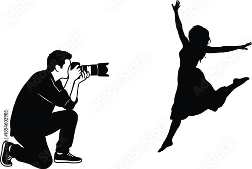 Black Silhouette of Professional Male Photographer Kneeling and Taking Photos of a Joyful Jumping Woman Dancer Isolated on White Background Vector