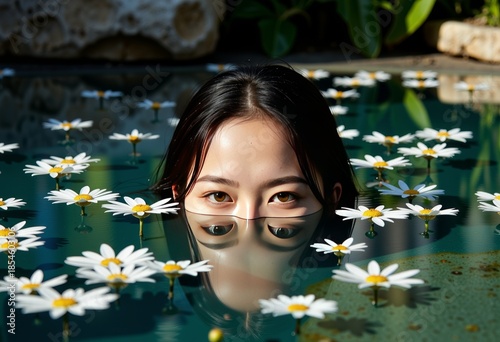 A serene image featuring a young woman with captivating eyes partially submerged in water surrounded by floating daisies, evoking tranquility and nature's beauty