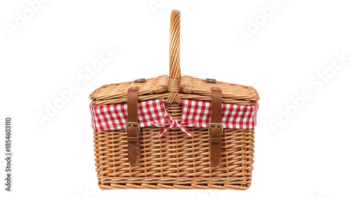 Wicker picnic basket with red and white checkered cloth isolated PNG, traditional container for outdoor dining and summer events