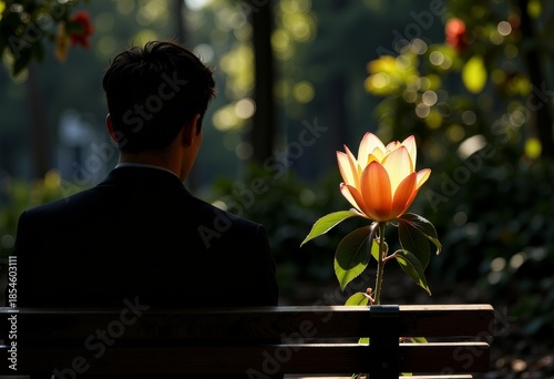 Contemplative Moment on Park Bench with Radiant Flower Illuminated by Sunlight in Serene Outdoor Setting Amid Nature and Greenery