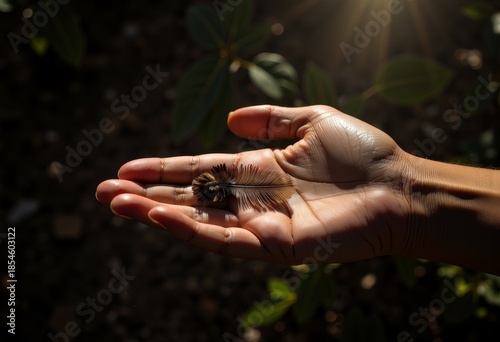 Gentle Hand Holding a Feather Under Sunlight with Green Leaves in the Background Creating a Peaceful Natural Scene