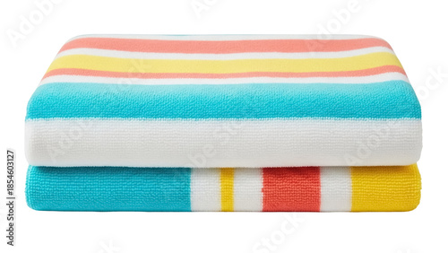Photos Folded striped beach towel PNG isolated on transparent background, colorful summ