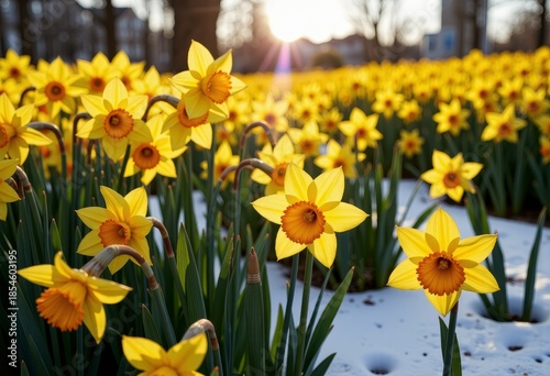 Vibrant Yellow Daffodils Blooming in a Sunlit Field Amidst Snow-Covered Ground Enhancing the Beauty of Early Spring