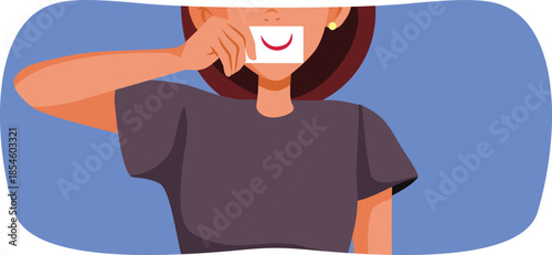 Woman Holds a Card with a Fake Smile Vector Illustration. person pretending to be happy keeping up social appearances    
