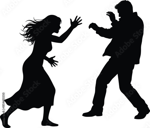 Black vector silhouette of an angry woman shouting and gesturing at a frightened man during a heated domestic argument or conflict