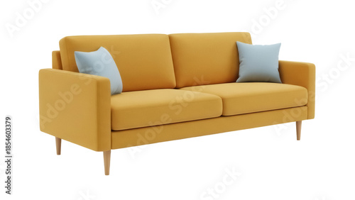 Photos Modern yellow sofa with pillows isolated PNG, contemporary couch on transparent
