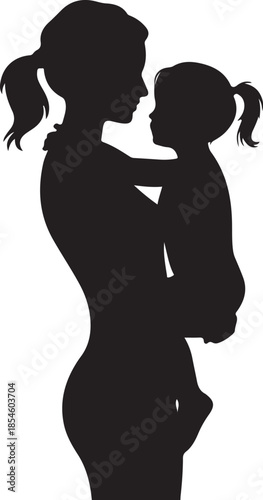 Silhouette of a woman holding a child with ponytails
