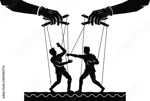 Conceptual silhouette of a puppet master controlling two men fighting with strings isolated on white background for social commentary art.