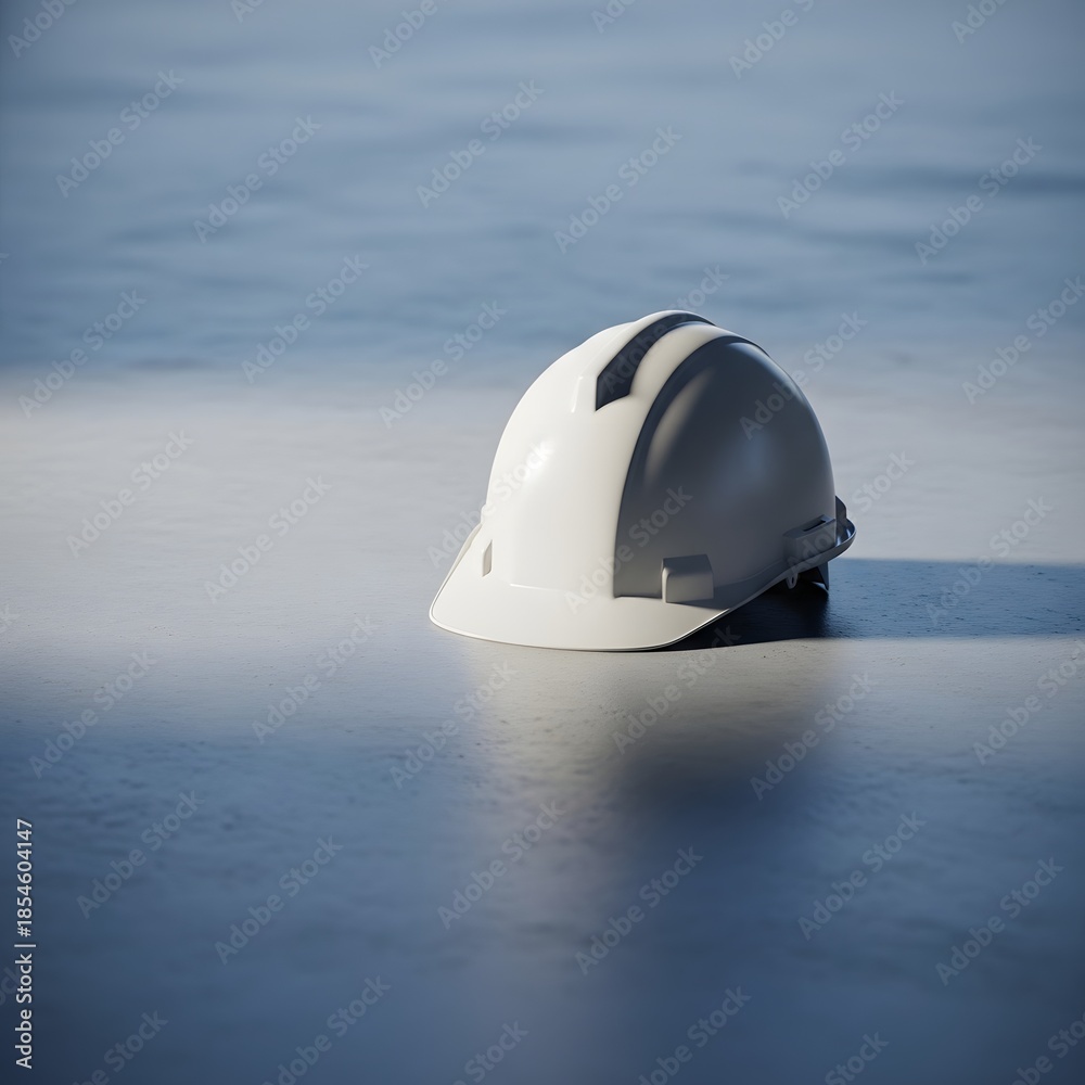 Fototapeta premium A white hard hat on a sandy beach surface under clear sky