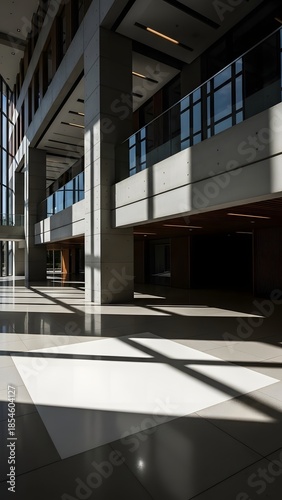 Sunlight streaming through modern office building corridors with sleek floors and minimalist architecture