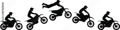 Motocross stunt sequence silhouette showing rider performing mid-air trick and landing, ideal for extreme sports, action, or adrenaline themes