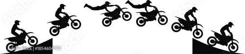 Motorcycle stunt silhouette sequence showing ramp jump and mid-air trick, capturing dynamic motion, freestyle motocross, and extreme sports action.