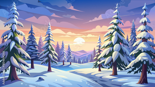 Snow-covered pine forest under a pale winter sky, with fresh untouched snow creating a peaceful and silent winter landscape