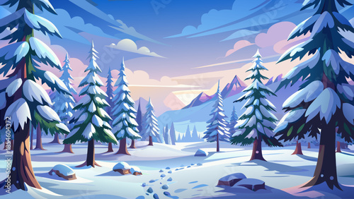 Snow-covered pine forest under a pale winter sky, with fresh untouched snow creating a peaceful and silent winter landscape