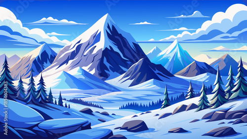 Winter mountain landscape with snow-covered peaks and soft clouds drifting across a cold blue sky