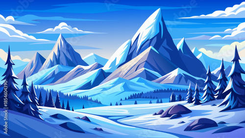 Winter mountain landscape with snow-covered peaks and soft clouds drifting across a cold blue sky