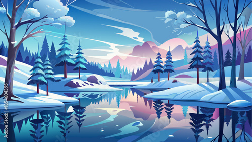 Frozen lake reflecting snowy trees and winter sky, creating a calm and mirror-like winter scenery