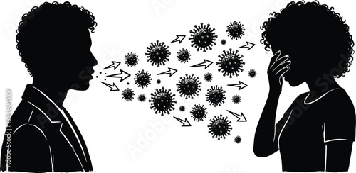 Silhouette Illustration of Viral Transmission Between Two People Showing Aerosol Droplets and Pathogens Spreading Through the Air During Speech or Coughing