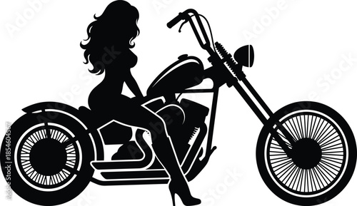 Silhouette of a beautiful woman with long hair sitting on a vintage custom chopper motorcycle isolated on a white background.