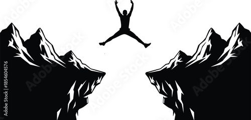 Silhouette of a brave man jumping between two high mountain peaks representing success, courage, risk taking, and achieving goals.