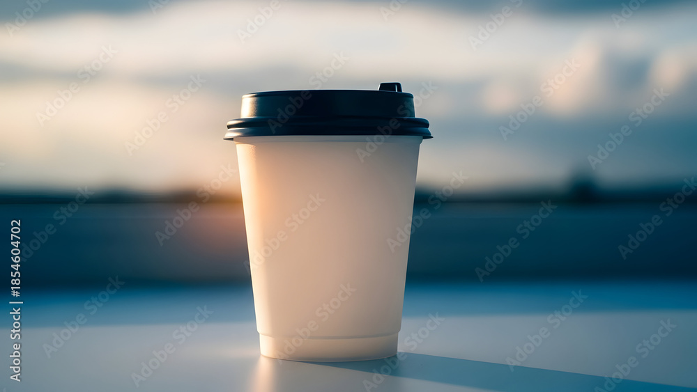 Obraz premium A blurred coffee cup on a table with a cityscape background