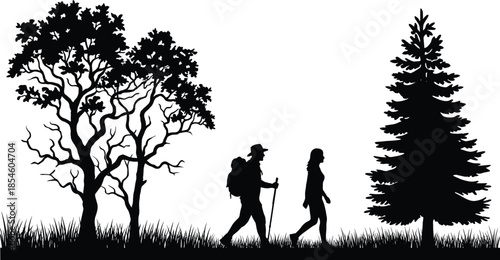 Silhouette of a couple hiking in the forest with backpacks and walking sticks through trees and grass on white background.