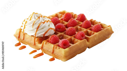Cuadro en lienzo Delicious waffle with raspberries and whipped cream isolated PNG, sweet dessert