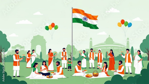Indian people celebrating Independence Day with flag and balloons festive gathering in park with iconic buildings vector illustration for national holidays