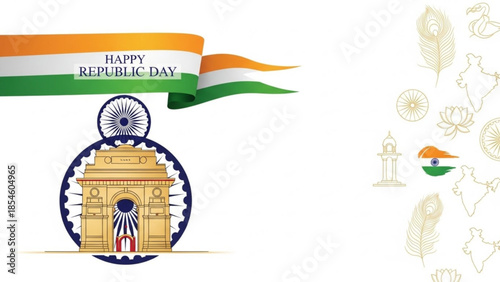 Happy Republic Day banner with India Gate illustration featuring the Indian flag and cultural motifs perfect for patriotic celebrations and design