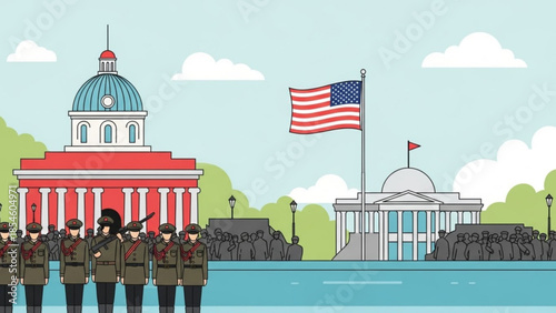 Military parade in front of government buildings with American flag flat vector illustration for patriotic and historical concepts