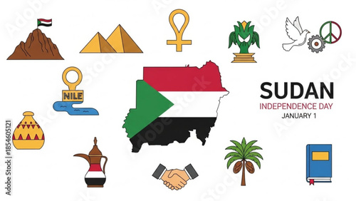 Sudan independence day icons including flag map pyramids and cultural symbols vector illustration for national celebration and design