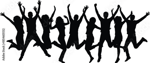Silhouettes of eleven people jumping with raised arms, expressing joy, teamwork, and celebration in energetic group pose on white background