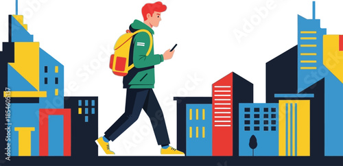 A person walking with a backpack in a cityscape background