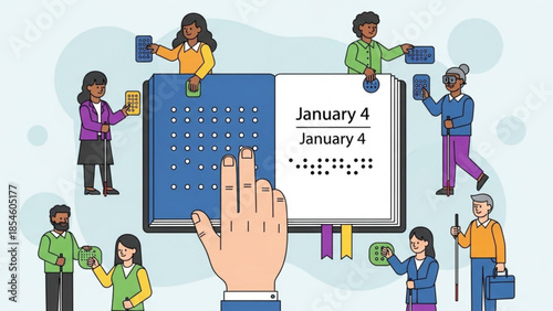 Diverse group of people interacting with a large calendar and braille display representing accessibility and planning for January 4th concept for inclusion and teamwork