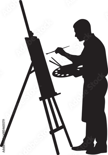 Silhouette of an artist painting on an easel with a palette and brush