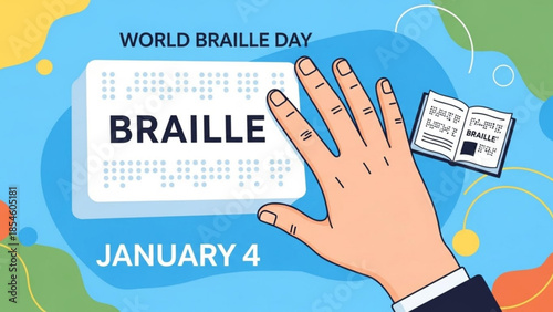 World Braille Day illustration with hand reading braille text and book celebrating January 4th with inclusive design elements