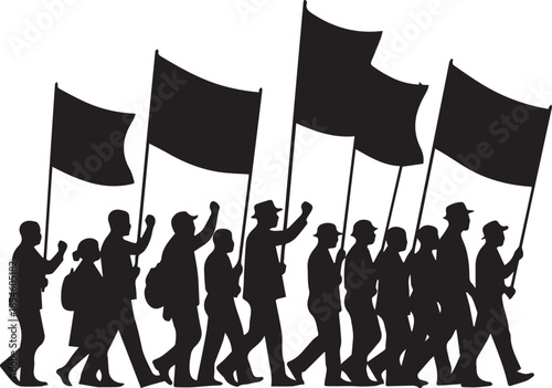 Silhouette of a crowd of people marching with black flags