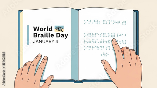 Hands reading a book with Braille text for World Braille Day celebrating literacy and accessibility for the visually impaired illustration on white background