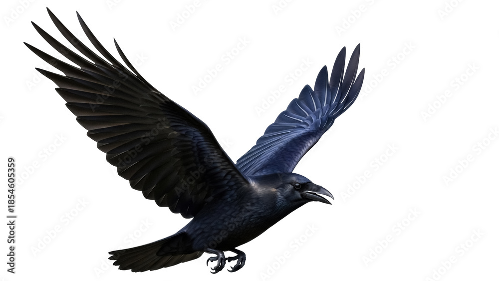 Fototapeta premium Majestic black raven flying isolated PNG, bird of prey with open wings on transparent background, wildlife animal for design use