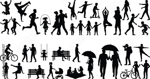 Silhouettes of People in Outdoor Activities, Family Moments, Leisure Scenes, and Social Interaction for Community, Lifestyle, and Design Concepts