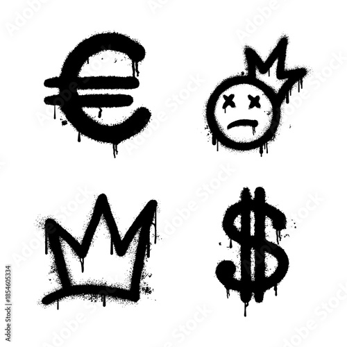 black spray paint graffiti currency symbols and urban crown collection