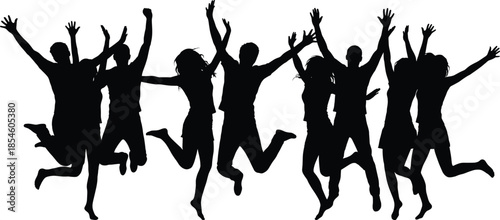 Silhouettes of ten people jumping with raised arms, expressing joy, celebration, and unity in dynamic group pose on white background