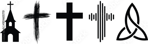 Vector silhouette collection of Christian religious icons including various cross styles a church building and a trinity knot symbol isolated